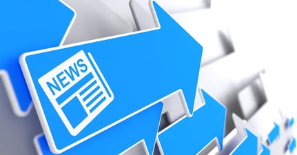 Newspaper Icon with News Title - Blue Arrow on a Grey Background. Mass Media Concept.